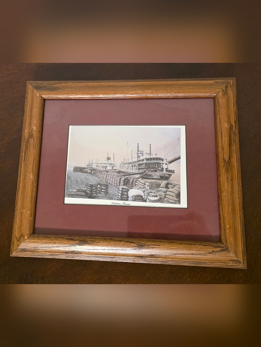 Framed Vintage Steamboat Signed By HG Stratton in Maroon Mat "Cotton Town"
